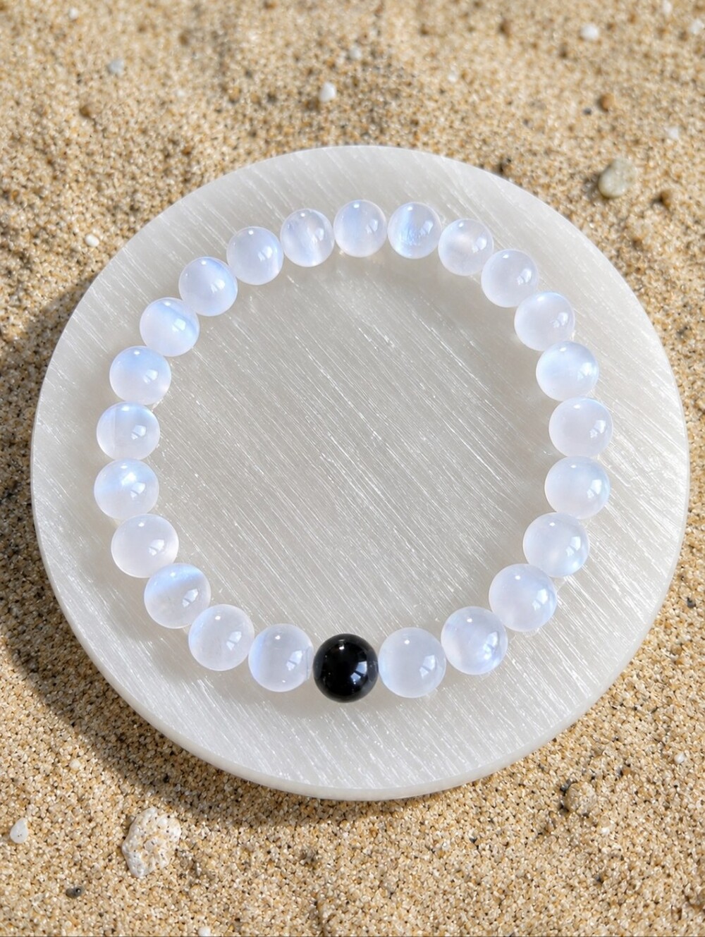 Selenite & Black Onyx Beaded Stretch Bracelet | Handmade